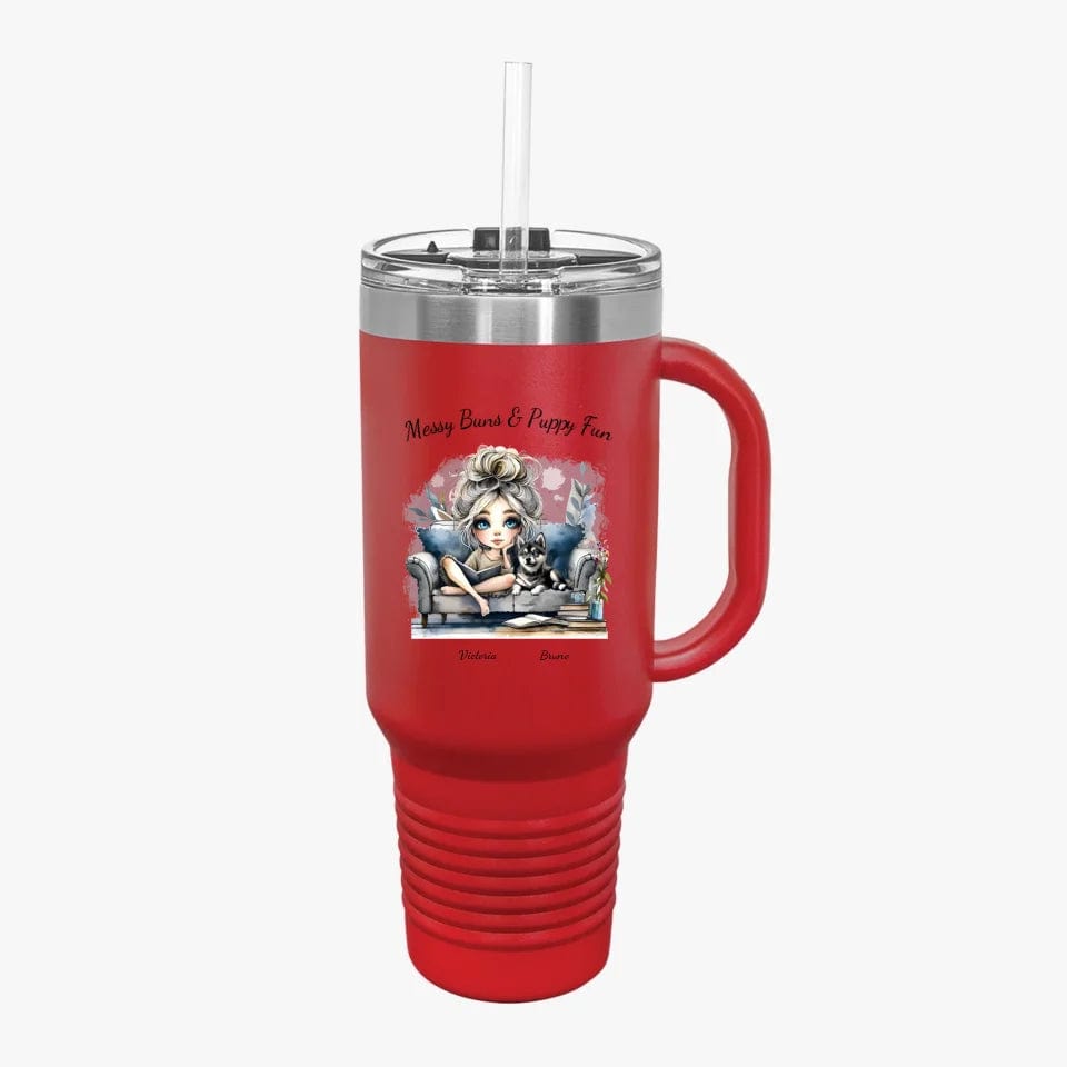 Customizer Insulated Travel Mug, 40oz / Red / 40oz Personalized 40 oz Tumbler: Messy Buns & Puppy Klee Kai Fun - Customized It Just For You!