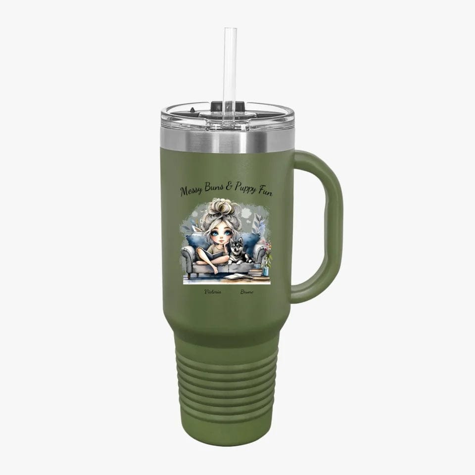 Customizer Insulated Travel Mug, 40oz / Olive Green / 40oz Personalized 40 oz Tumbler: Messy Buns & Puppy Klee Kai Fun - Customized It Just For You!