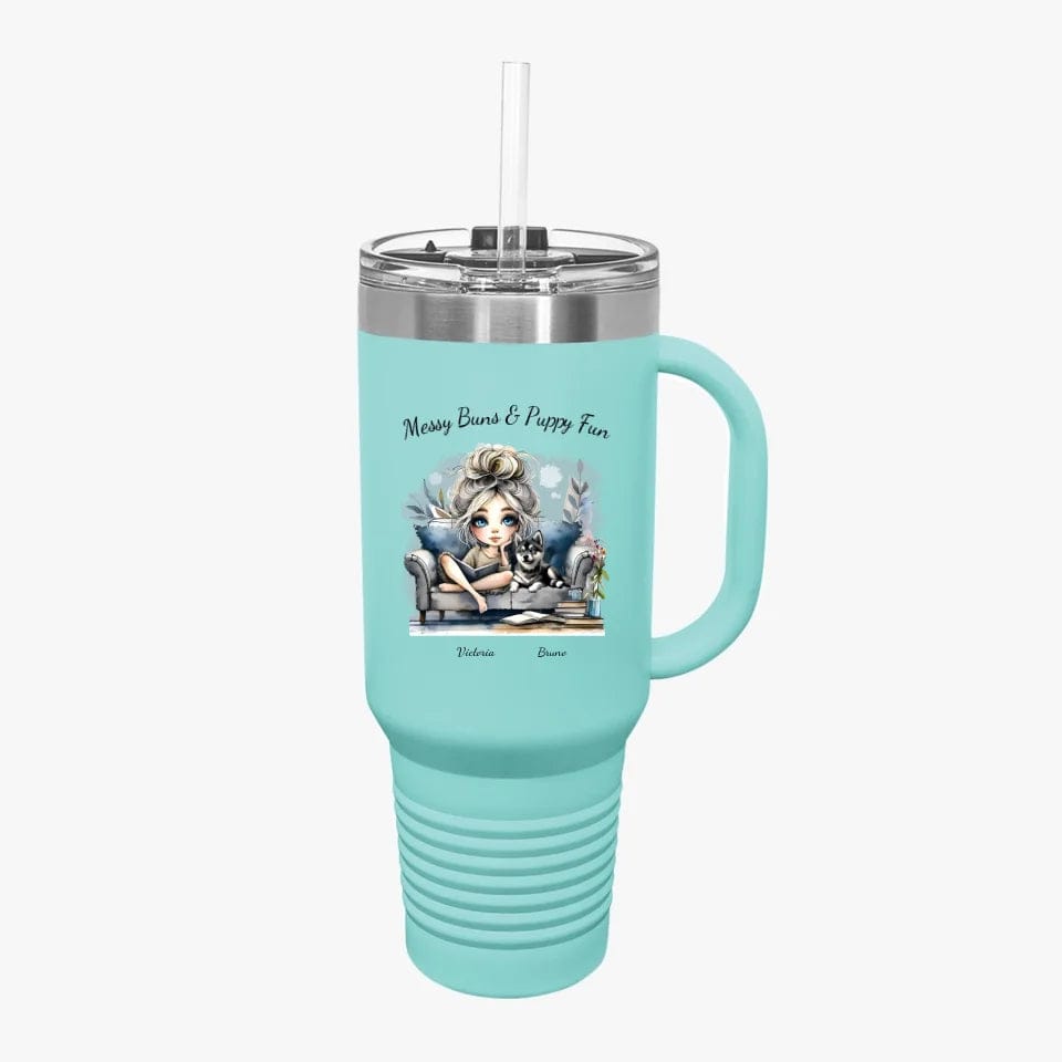 Customizer Insulated Travel Mug, 40oz / Teal / 40oz Personalized 40 oz Tumbler: Messy Buns & Puppy Klee Kai Fun - Customized It Just For You!