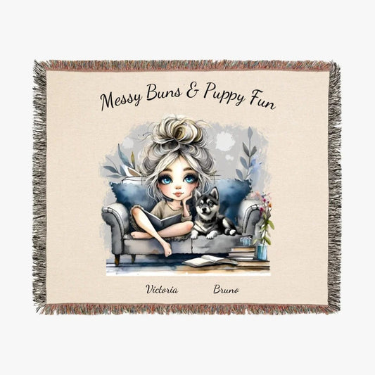 Customizer Woven Blanket / Default / Artwork / 52'' × 37'' Personalized Woven Blanket: Messy Bun & Klee Kai Fun for Dog Moms