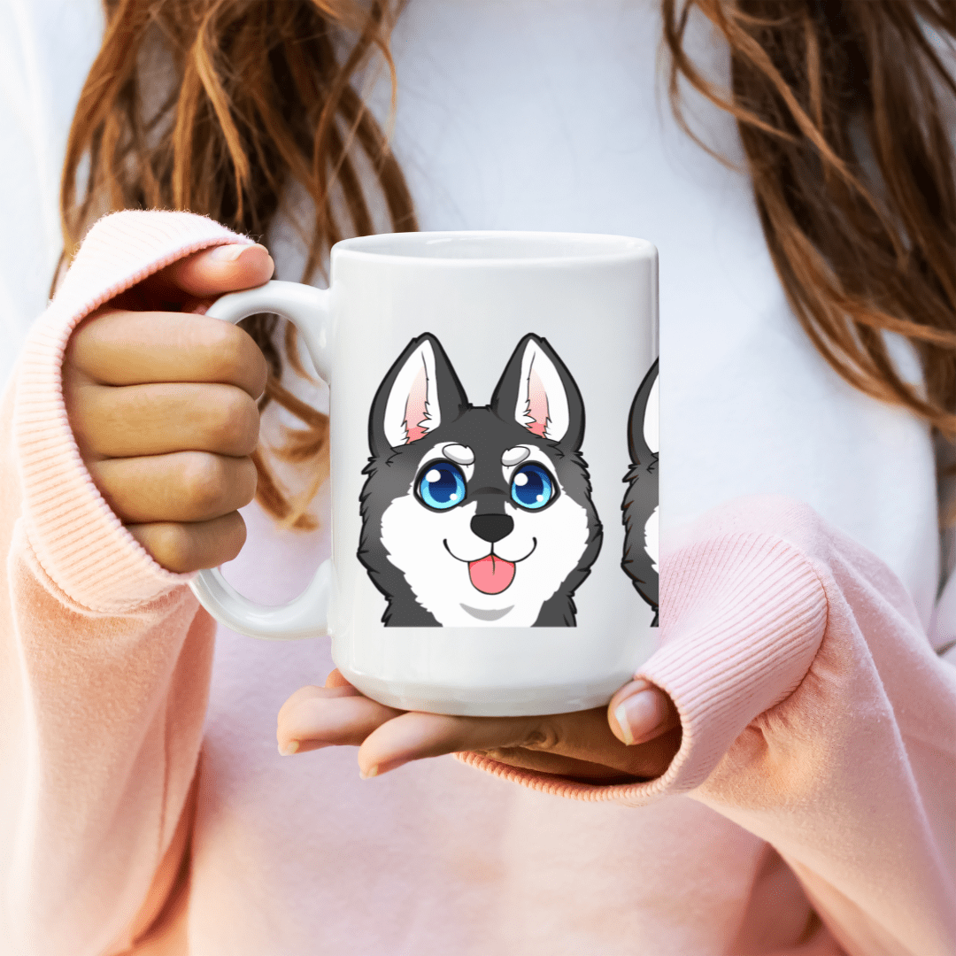 Mug 15oz Ceramic Mug, Klee Kai Emoji Style Mug B/W (11oz, 15oz)