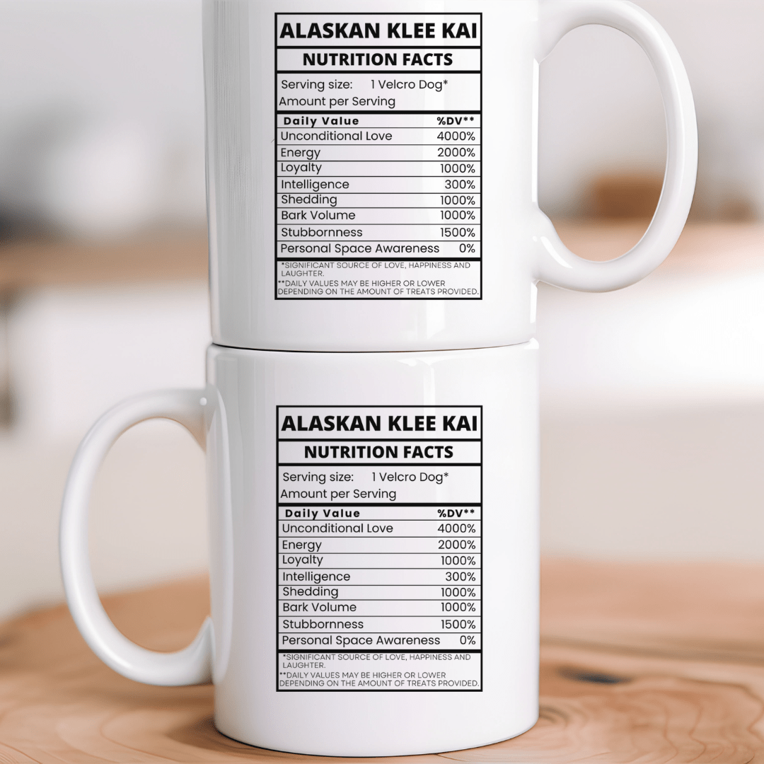 Mug 11oz Ceramic Mug, Nutritional facts klee kai black script (11oz, 15oz)