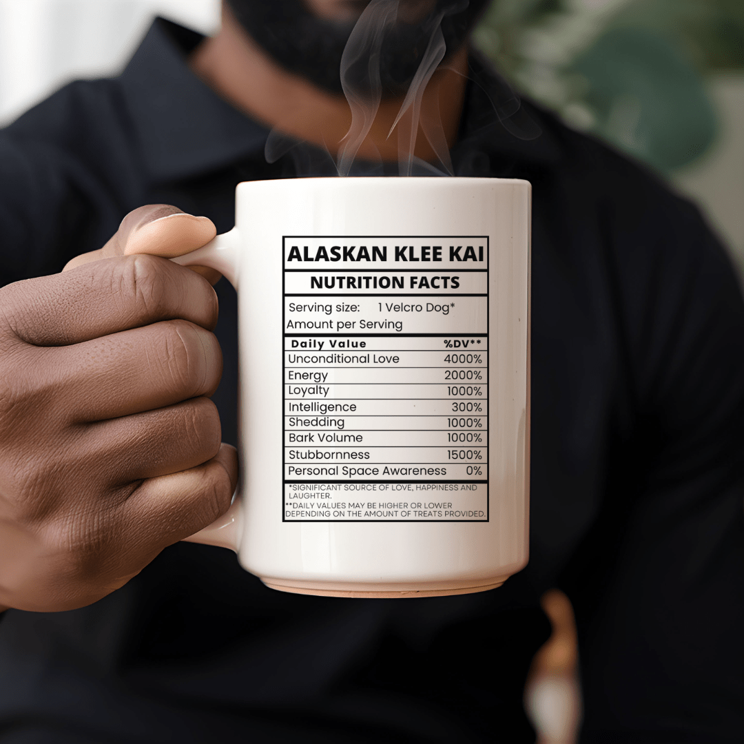 Mug Ceramic Mug, Nutritional facts klee kai black script (11oz, 15oz)