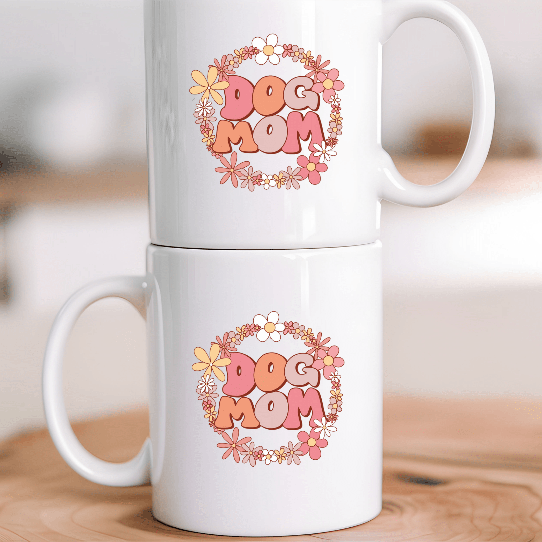 Mug 11oz Ceramic Mug, Retro Flower Dog Mom (11oz, 15oz)