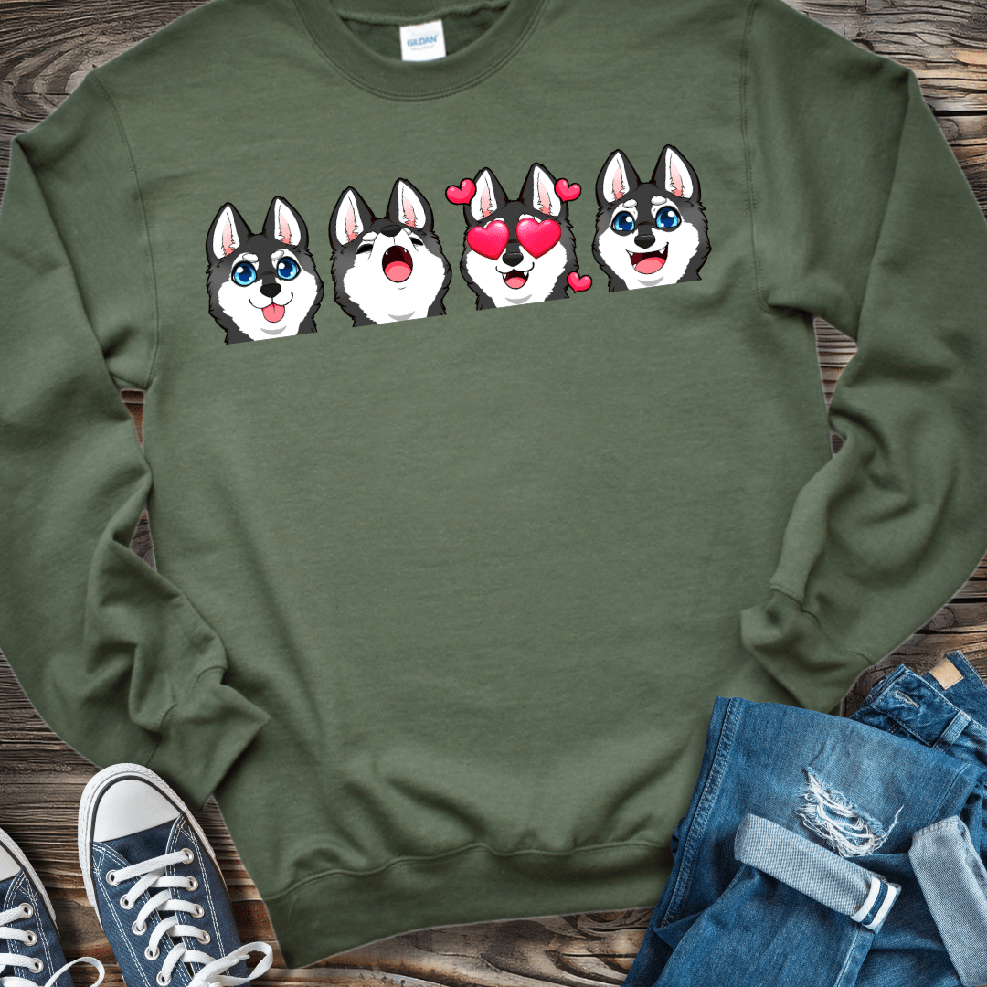 Sweatshirt S / Military Green Alaskan Klee Kai Emoji Black/White Dog Sweatshirt