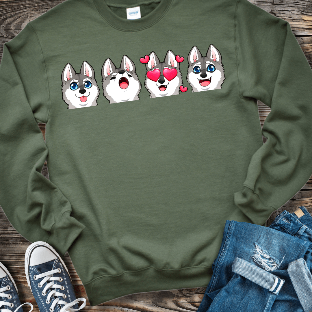 Sweatshirt S / Military Green Alaskan Klee Kai Emoji Gray/White Dog Sweatshirt