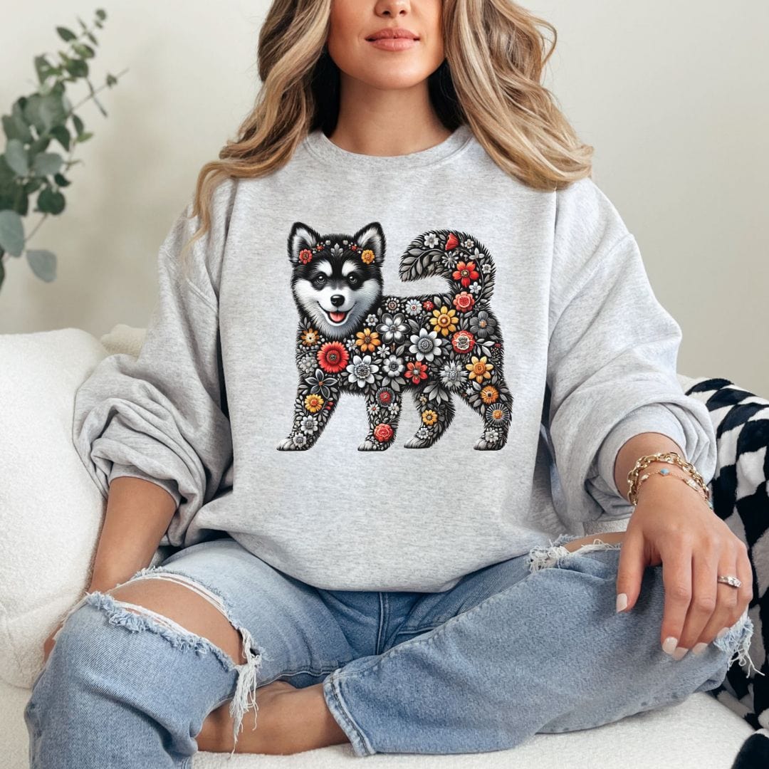 Sweatshirt S / Ash BW Flower Pup Sweatshirt