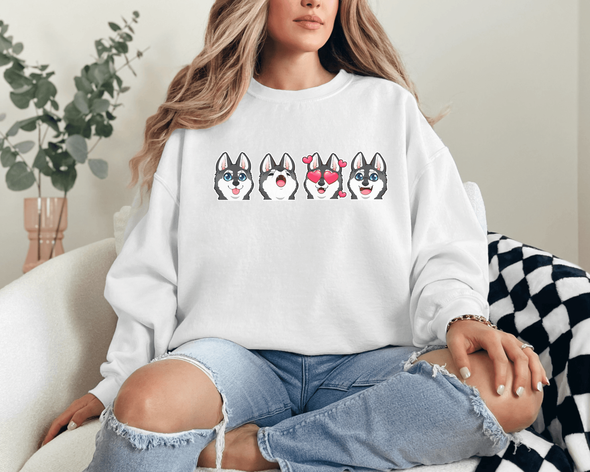 Sweatshirt S / White Emoji Inspired Alaskan Klee Kai Dog Mom Sweatshirt (B/W) - Cute Klee Kai Dog Mom, Perfect New Pet Owner Gift Idea, Cozy and Fun Design