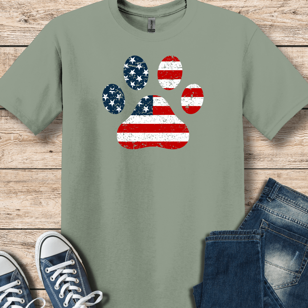 T-Shirt 64000 Sage / S American Flag Paw Print Tee